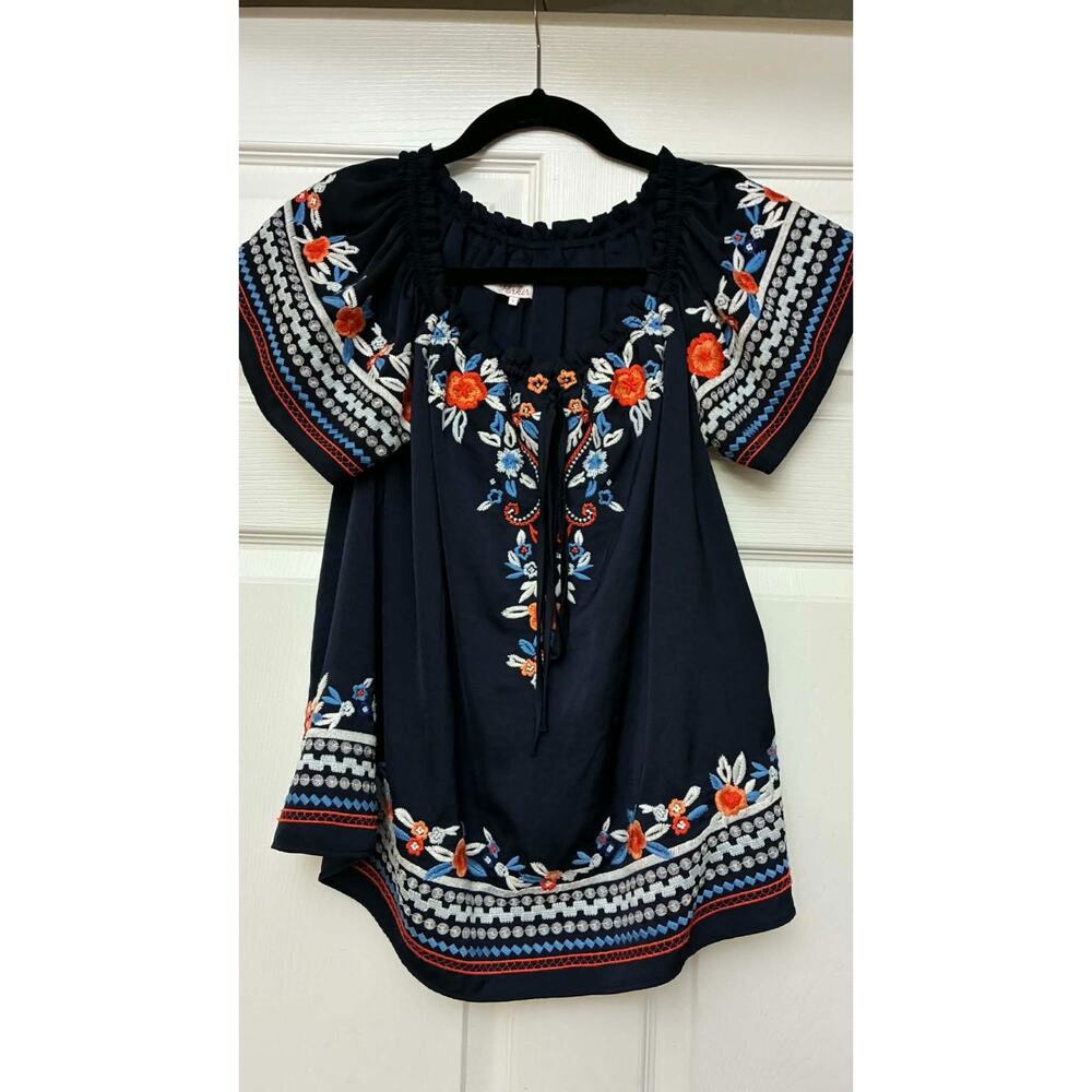 Parker S Navy Ebroidered Peasant Blouse Boho Floral Top‎
